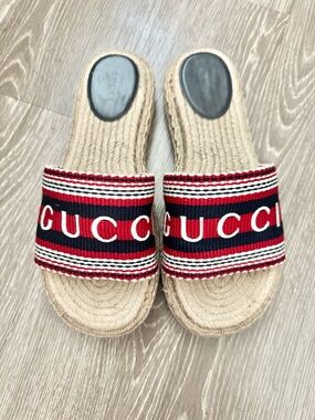 Gucci Red, Navy & White Logo Slide Espadrille Sandals